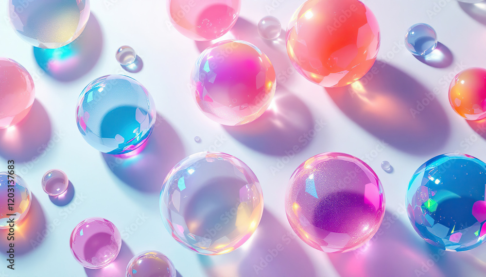 Pastel iridescent spheres arranged on a light background Pastel iridescent spheres arranged on a light background