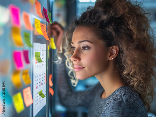 A woman looking at her calendar and planner on the refrigerator, with colorful sticky notes attached to each date or task. The focus is on her face. photo