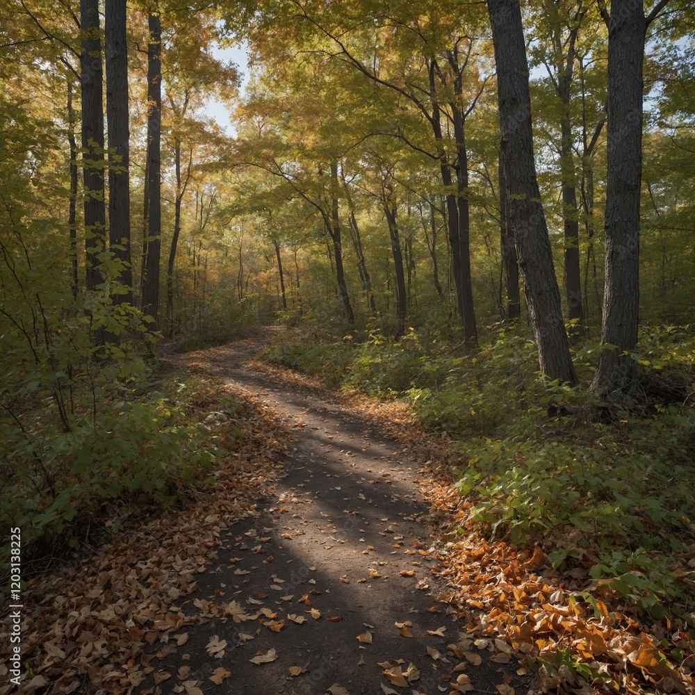 A peaceful woodland trail with fallen leaves and a cloudless sky. A peaceful woodland trail with fallen leaves and a cloudless sky.