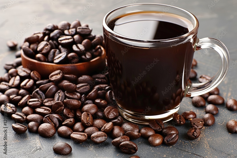 Fototapeta premium Aromatic Coffee Beans and Brew: A Dark and Rich Cup of Coffee
