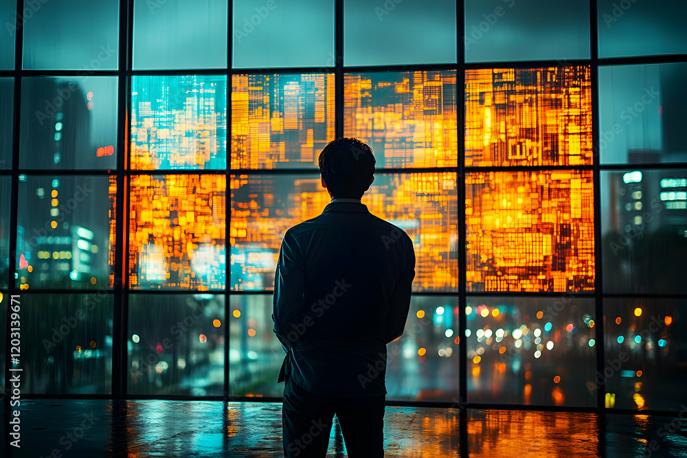 Contemplative man gazing at a futuristic cityscape through a rain-streaked window at night, illuminated by abstract digital displays. Contemplative man gazing at a futuristic cityscape through a rain-streaked window at night, illuminated by abstract digital displays.