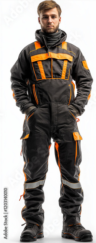 High-quality European-style construction overalls, black with orange accents, featuring premium quality and design, front view, against a white background, full-body shot, captured photo