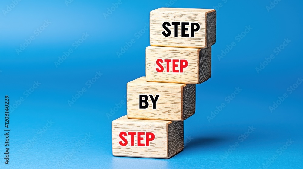 Wooden blocks with step by step text on blue Wooden blocks with step by step text on blue