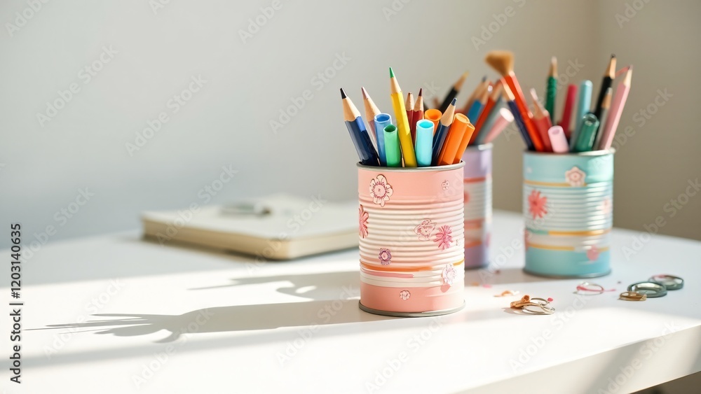 Recycled cans turned into pastel pencil holders on a modern desk. Vibrant stationery adds charm to this creative upcycling idea for Canned Food Month. Recycled cans turned into pastel pencil holders on a modern desk. Vibrant stationery adds charm to this creative upcycling idea for Canned Food Month.