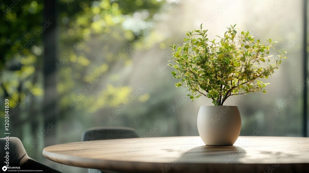 Bright Indoor Plant in Pot on Table with Sunlight Filtering Through Windows, with Eco-Friendly Design Bright Indoor Plant in Pot on Table with Sunlight Filtering Through Windows, with Eco-Friendly Design