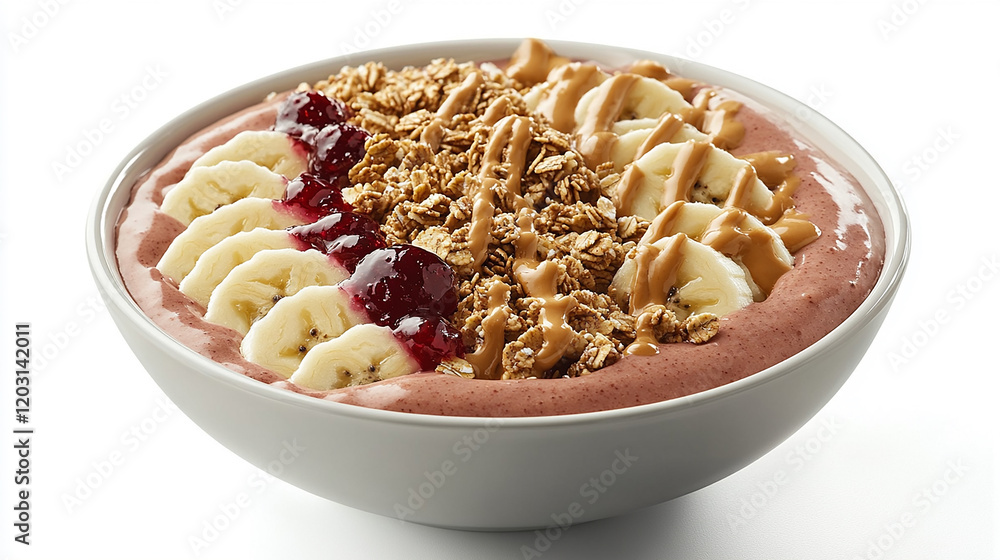 Delicious smoothie bowl topped with granola and fruits kitchen food photography bright lighting healthy eating concept Delicious smoothie bowl topped with granola and fruits kitchen food photography bright lighting healthy eating concept