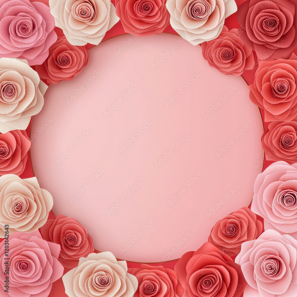 Elegant pink and red roses form circular border on soft gradient background Elegant pink and red roses form circular border on soft gradient background