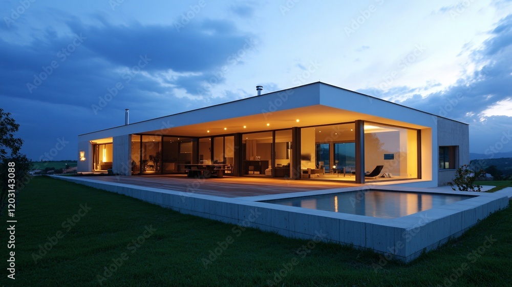 Modern House with Pool at Dusk Modern House with Pool at Dusk