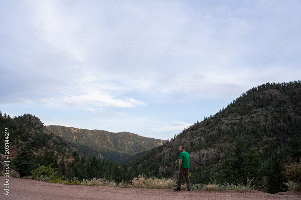 Man admiring a vast mountain landscape under a soft, cloudy sky Man admiring a vast mountain landscape under a soft, cloudy sky