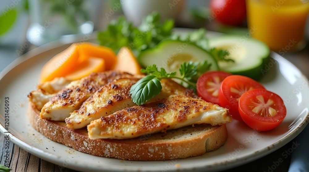 Grilled Chicken Breast on Toast with Fresh Vegetables, a Colorful and Healthy Breakfast, Sunny Morning, Natural Lighting, High Angle View, wooden background, soft bokeh, minimalist design. Grilled Chicken Breast on Toast with Fresh Vegetables, a Colorful and Healthy Breakfast, Sunny Morning, Natural Lighting, High Angle View, wooden background, soft bokeh, minimalist design.