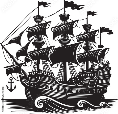 Pirate ship silhouette vector 