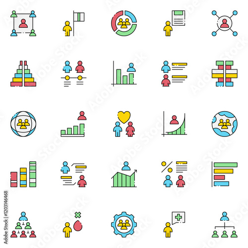 World Population Icons. Thin Line Vector Icons for Population Analysis, Mortality, Longevity, Education, Employment, Gender Diversity, Family Dynamics, and Migration.