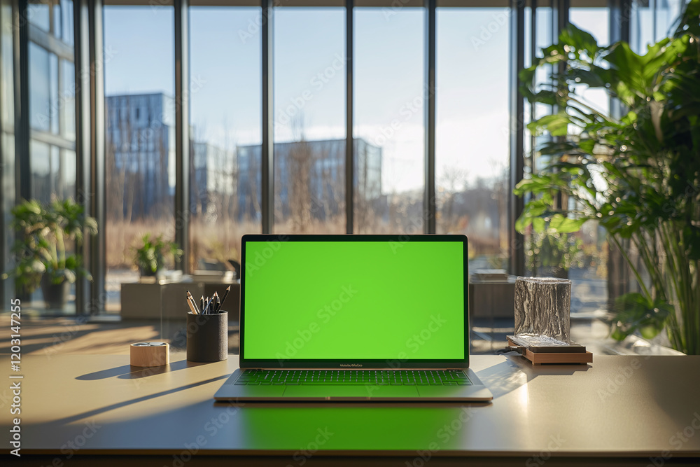 Modern Office Workspace with Computer and Green Screen in a High-Rise Building Modern Office Workspace with Computer and Green Screen in a High-Rise Building