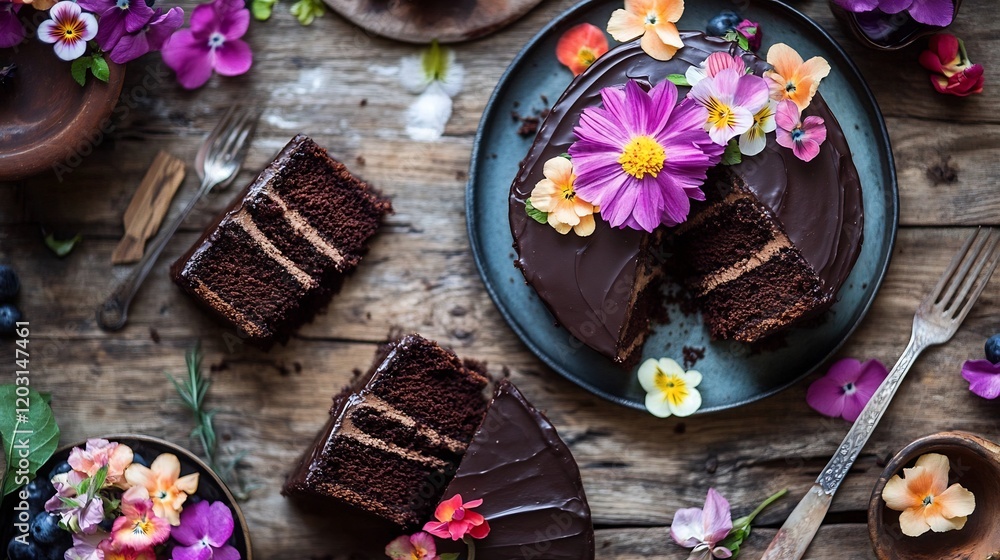 Delicious Chocolate Cake Flatlay Rich Colors. AI Generated Delicious Chocolate Cake Flatlay Rich Colors. AI Generated
