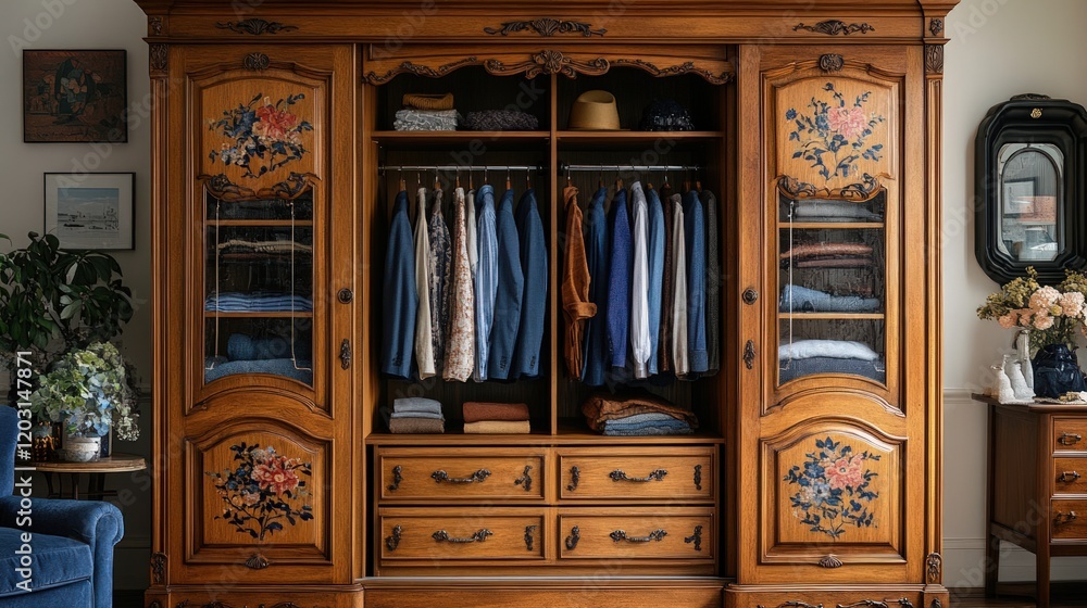 Ornate wooden wardrobe; clothes neatly arranged. Ornate wooden wardrobe; clothes neatly arranged.