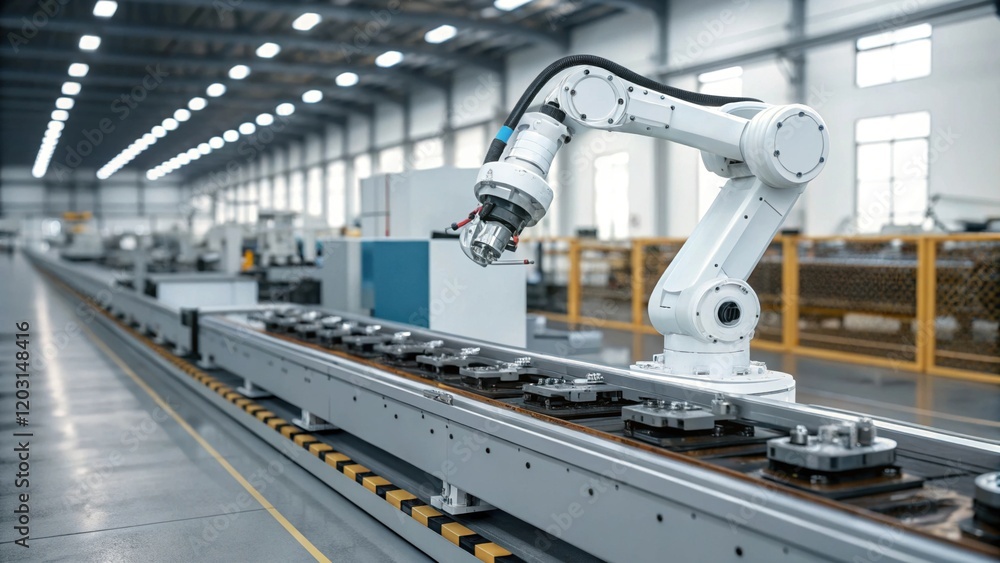 A robotic arm operates in a modern manufacturing facility, showcasing automation and precision on an assembly line. A robotic arm operates in a modern manufacturing facility, showcasing automation and precision on an assembly line.
