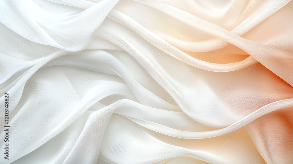 Obraz premium Elegant white and peach silk fabric texture, showcasing smooth, flowing waves with a soft and luxurious appearance.