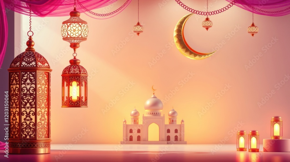 3D image, modern and luxurious, depicting a Ramadan Kareem background. An ornamental Arabic lantern, a metal moon, and a mosque portal are the focal points 3D image, modern and luxurious, depicting a Ramadan Kareem background. An ornamental Arabic lantern, a metal moon, and a mosque portal are the focal points
