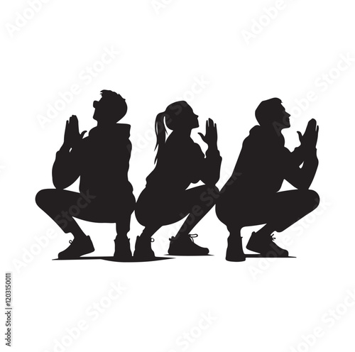 Casual people squatting silhouette vector illustration