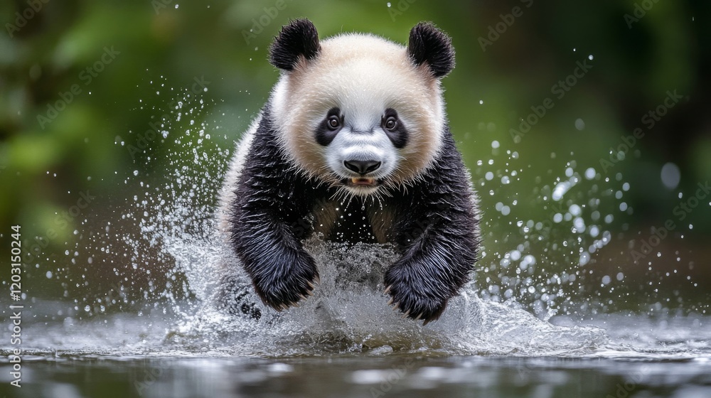 Obraz premium Panda Cub Leaping Through Water Splashing Joyfully