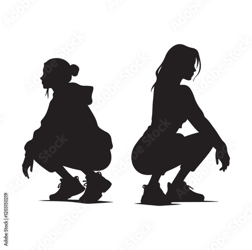 Casual people squatting silhouette vector illustration