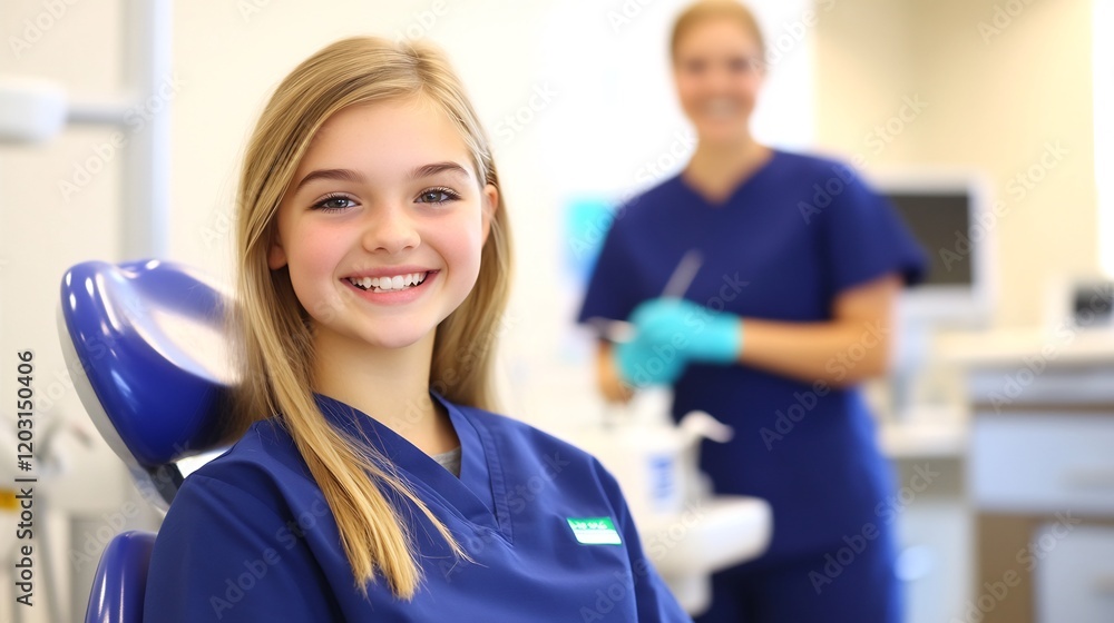 Fototapeta premium Smiling girl confidently sits dental chair bright clinic. AI Generated