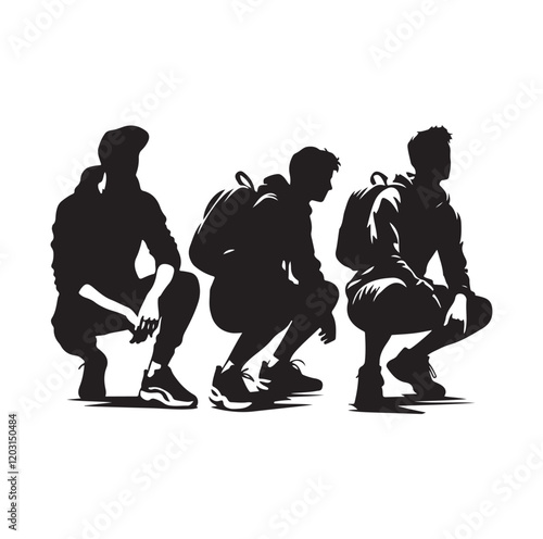 Casual people squatting silhouette vector illustration