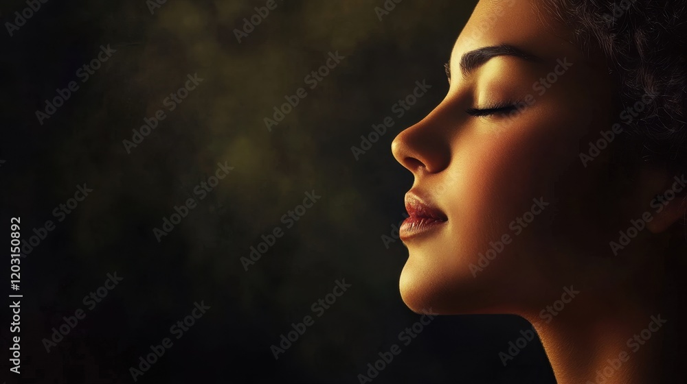 Peaceful woman with closed eyes in soft light Peaceful woman with closed eyes in soft light