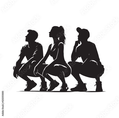 Casual people squatting silhouette vector illustration