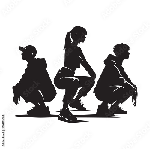 Casual people squatting silhouette vector illustration