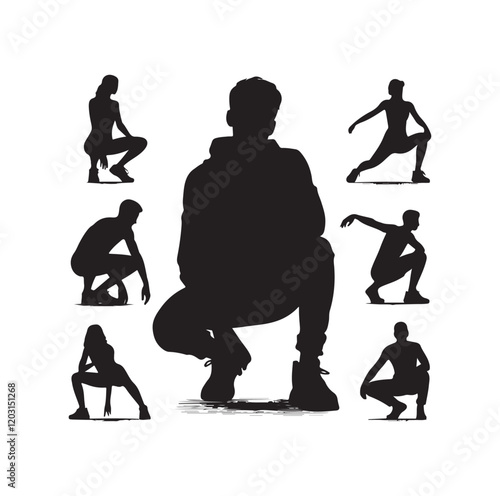 Casual people squatting silhouette vector illustration