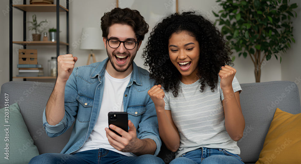 A happy couple sitting on a couch, celebrating with excitement while looking at a phone screen. A happy couple sitting on a couch, celebrating with excitement while looking at a phone screen.