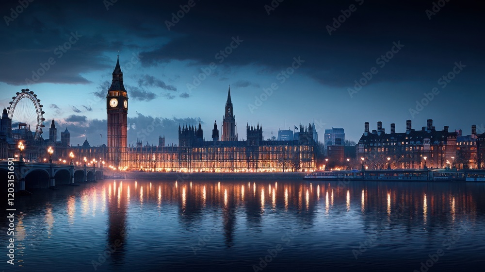 Fototapeta premium Panoramic cityscape of london landmark thames river reflection