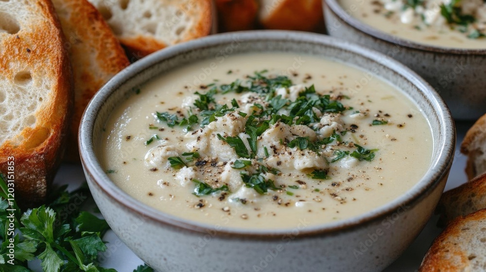 Creamy soup with toasted bread and fresh herbs Creamy soup with toasted bread and fresh herbs