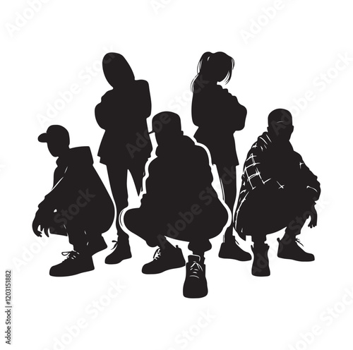 Casual people squatting silhouette vector illustration