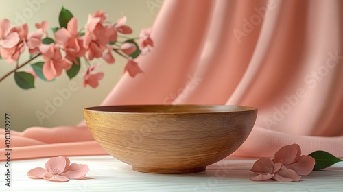Wallpaper Mural Empty wooden bowl, pink flowers, draped fabric backdrop, product display Torontodigital.ca