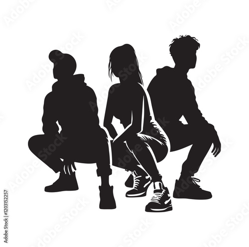 Casual people squatting silhouette vector illustration