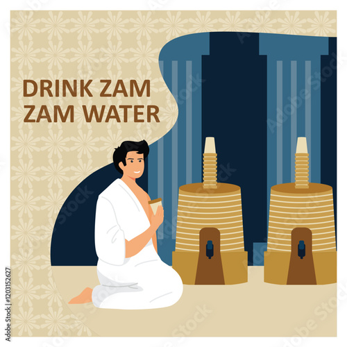 A man enjoys Zam Zam water while sitting on his knees.