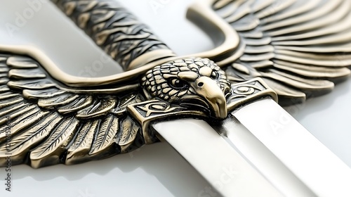 Ornate eagle-winged sword hilt on white background, fantasy or historical concept photo