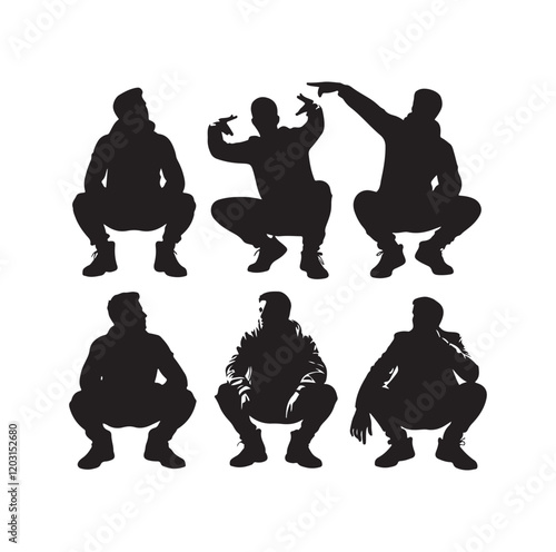 Casual people squatting silhouette vector illustration