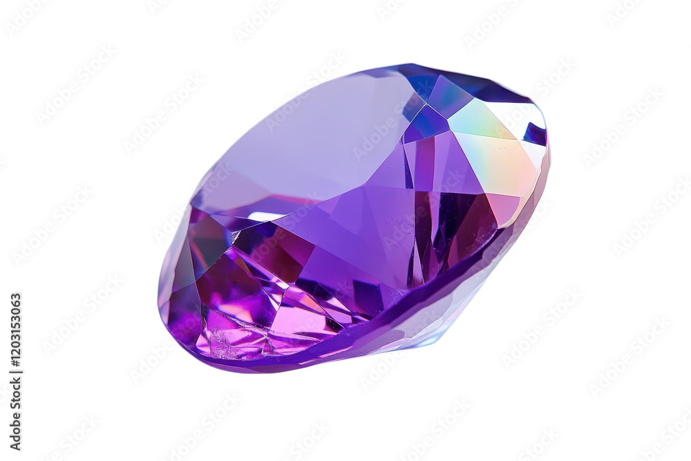 Sparkling purple crystal reflecting light in vibrant hues on a white background Sparkling purple crystal reflecting light in vibrant hues on a white background