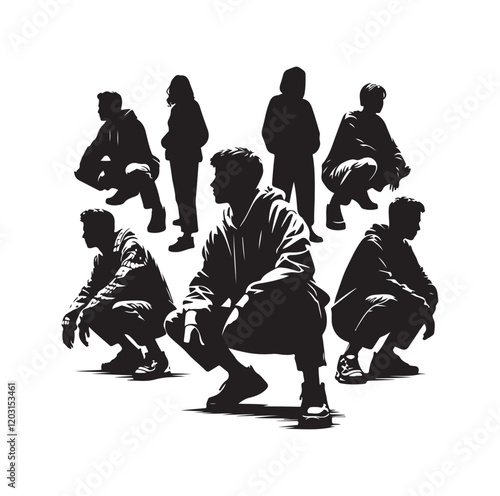 Casual people squatting silhouette vector illustration