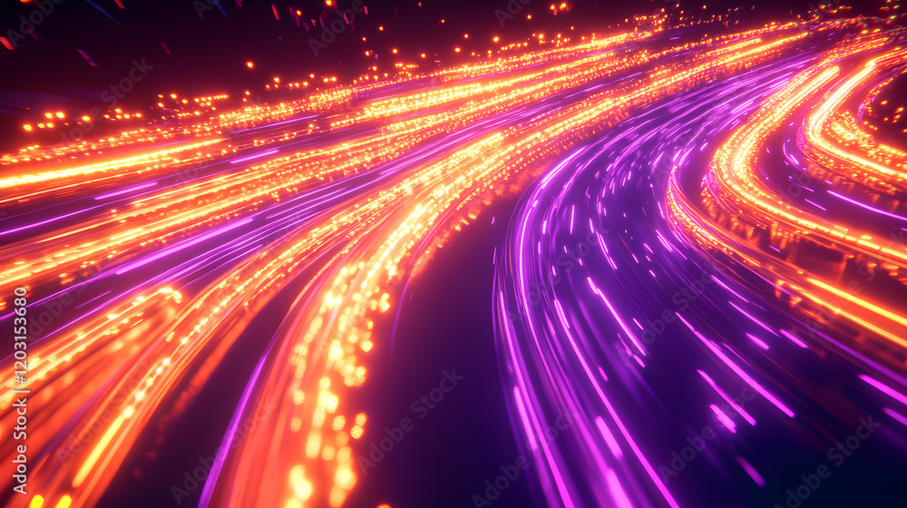 A glowing road with bright neon lines, capturing a sense of dynamic movement. A glowing road with bright neon lines, capturing a sense of dynamic movement.