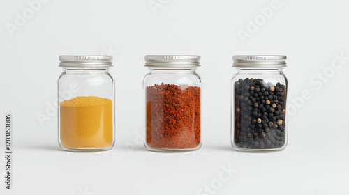Fototapeta Naklejka Na Ścianę i Meble -  Spice Jars Trio: Three glass spice jars with metal lids, filled with turmeric powder, paprika, and black peppercorns, arranged in a row against a simple background.