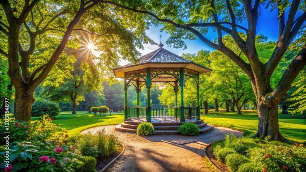 Elegant Gazebo Surrounded by Lush Park Trees in Summer - Scenic Nature Views, Tranquil Outdoor Spaces, Beautiful Gardens, Relaxing Retreats, and Serene Landscapes Elegant Gazebo Surrounded by Lush Park Trees in Summer - Scenic Nature Views, Tranquil Outdoor Spaces, Beautiful Gardens, Relaxing Retreats, and Serene Landscapes