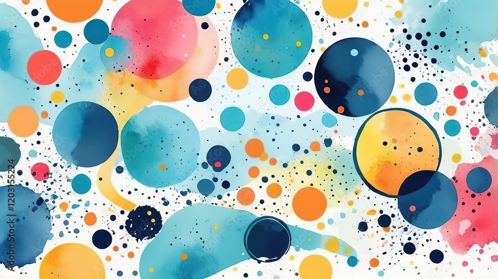 Playful and dynamic watercolor with polka dots and splashes in bright, contrasting colors. Playful and dynamic watercolor with polka dots and splashes in bright, contrasting colors.