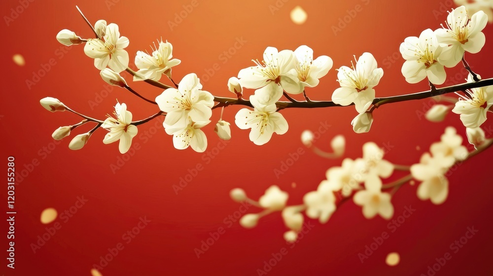Delicate White Blossoms on a Branch Against a Rich Red Background Delicate White Blossoms on a Branch Against a Rich Red Background