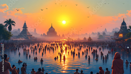 Mahakumbh 2025 in Prayagraj Uttarpradesh India, devotees holy bath in sacred river illustration on white background. photo