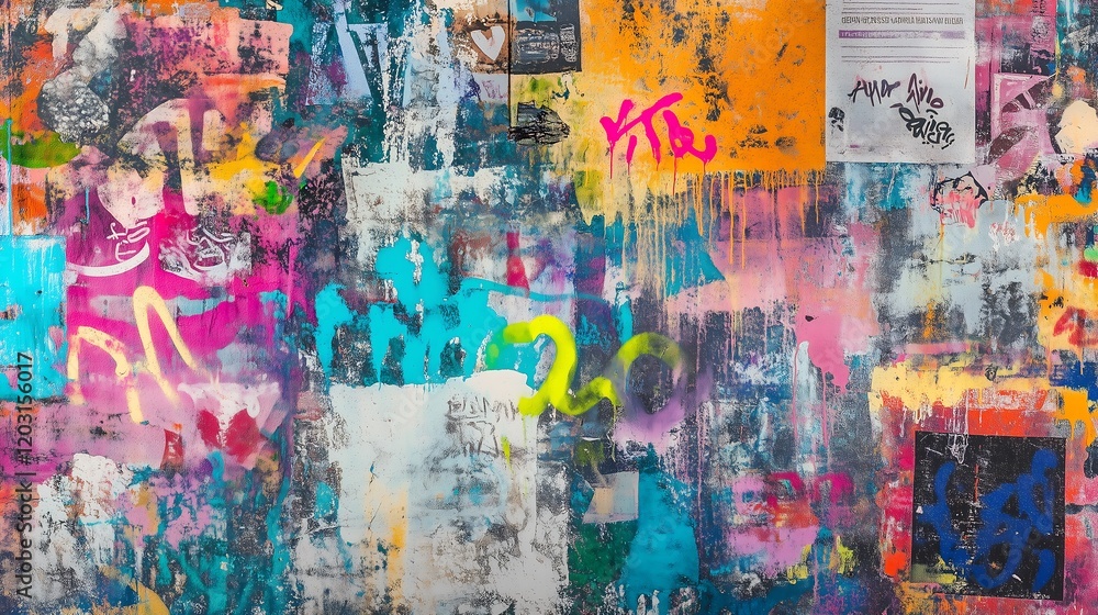 Vibrant Abstract Graffiti Wall Art, A Multi-Layered Texture of Bold Colors and Urban Expression Vibrant Abstract Graffiti Wall Art, A Multi-Layered Texture of Bold Colors and Urban Expression
