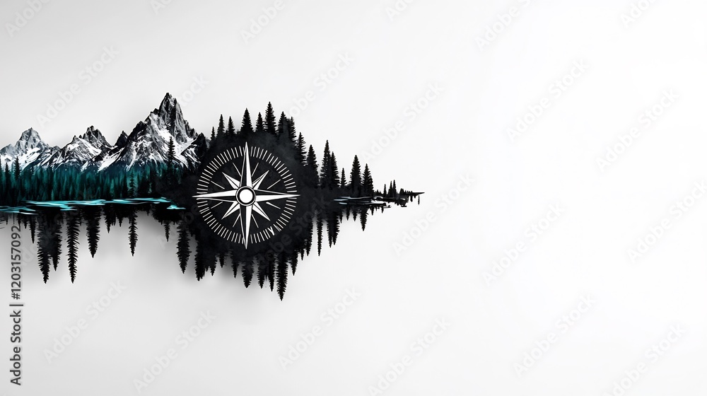 Fototapeta premium Serene Mountain Landscape Sound Wave Art Compass Design. AI Generated